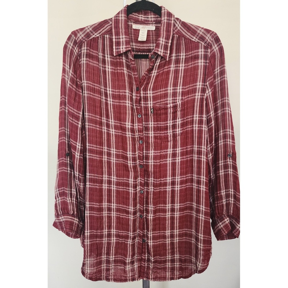 Levis Western Red Plaid Cotton Gauze Button Down Tunic Shirt Dress Sz M Longline